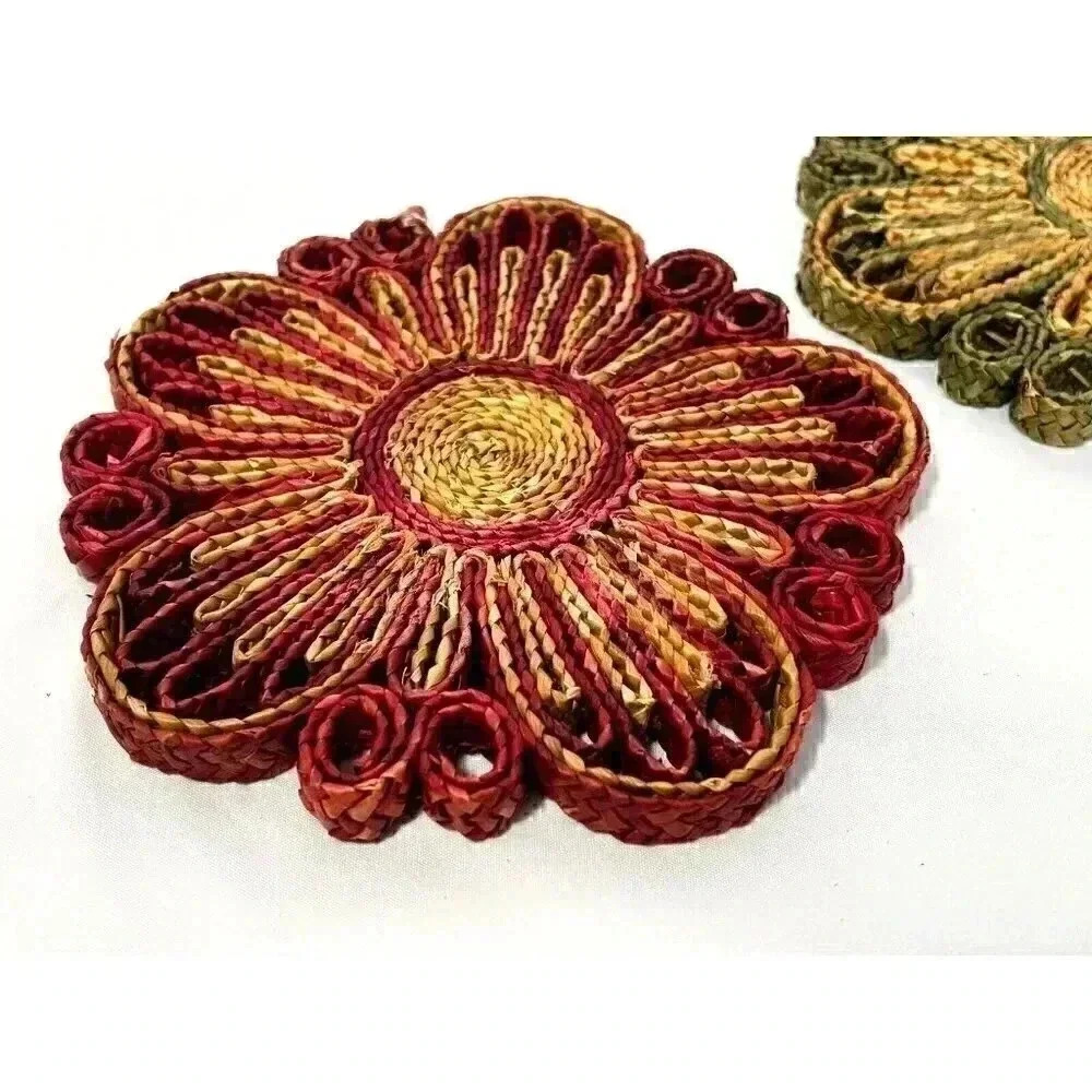 Vtg Staw Rattan Woven‎ Kitchen Trivets Braided Boho Multicolor 8" Hot Pad Lot 2 - Picture 4 of 5